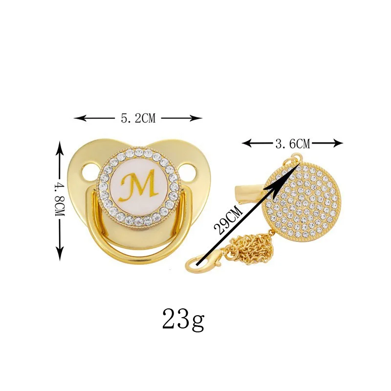 Custom High Quality 26 Letters Diamond Bling Gold  Bpa Free Food Grade Silicone Infant Nipple Pacifier