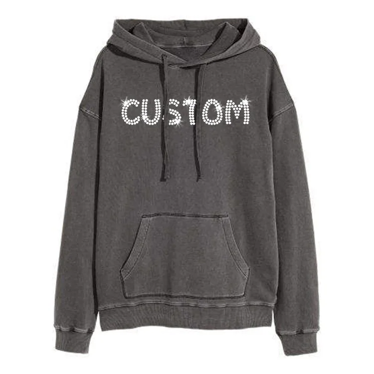 Custom streetwear fleece pullover vintage washed skull rhinestone heat transfer hoodie sweatshirt custom rhinestone clothing