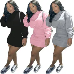 Fashion Design Solid Color Cotton Women Sweatshirt Plus Size Hoodie Mini Dress