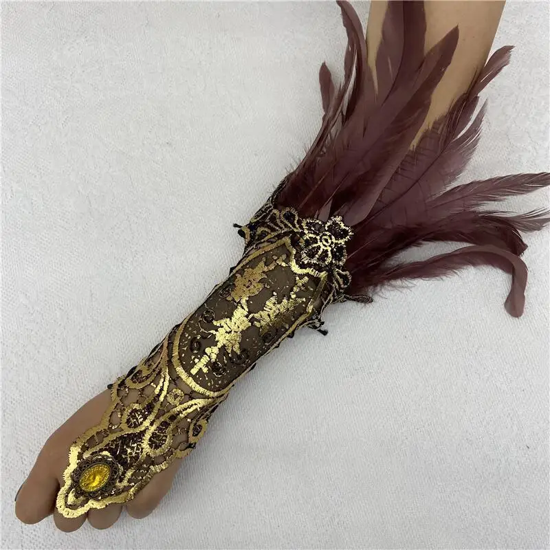 King Mcgreen star Halloween Feather Bracelet Gothic Style Feather Glove Hollow Gold Lace Lace Arm Cover