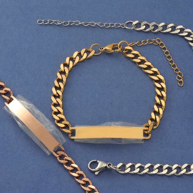 Dropshipping Customized Engraving Stainless Steel Tarnish Free 18K Gold Plated Waterproof Jewelry Engraved Bar Bracelet