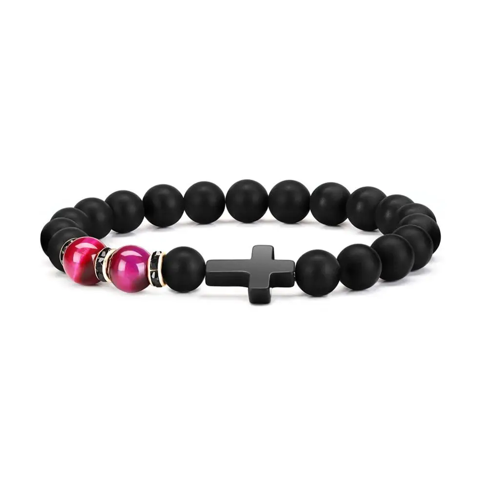 Fashion Men Women Jewelry Black Gemstone Cross High Quality Natural Matte Onyx Colorful Tiger Eye Beads Bracelets