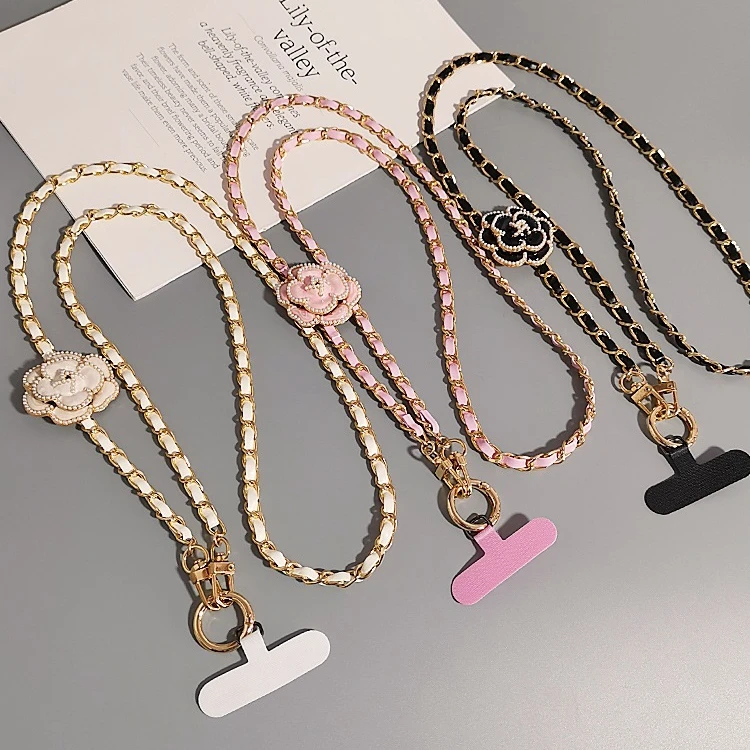 Camellia leather chain Phone Strap With Flower Clip And Go Strap For Phone Crossbody Phone Lanyard Crossbody