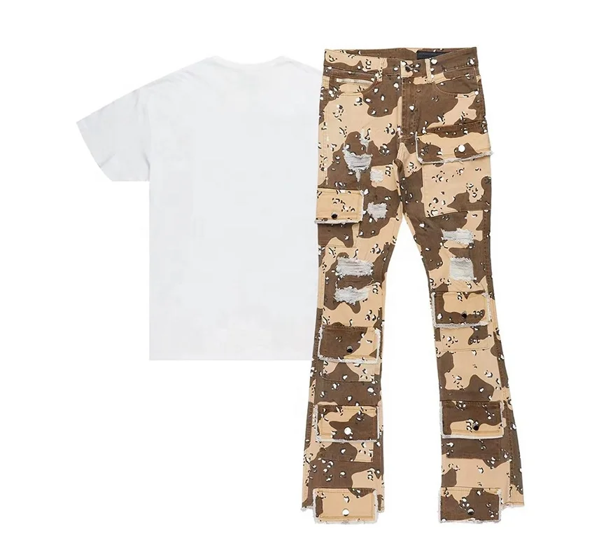 Custom logo Camo Denim Pants Camouflage Colored Cargo Pocket Jeans Men Custom Stacked Jeans