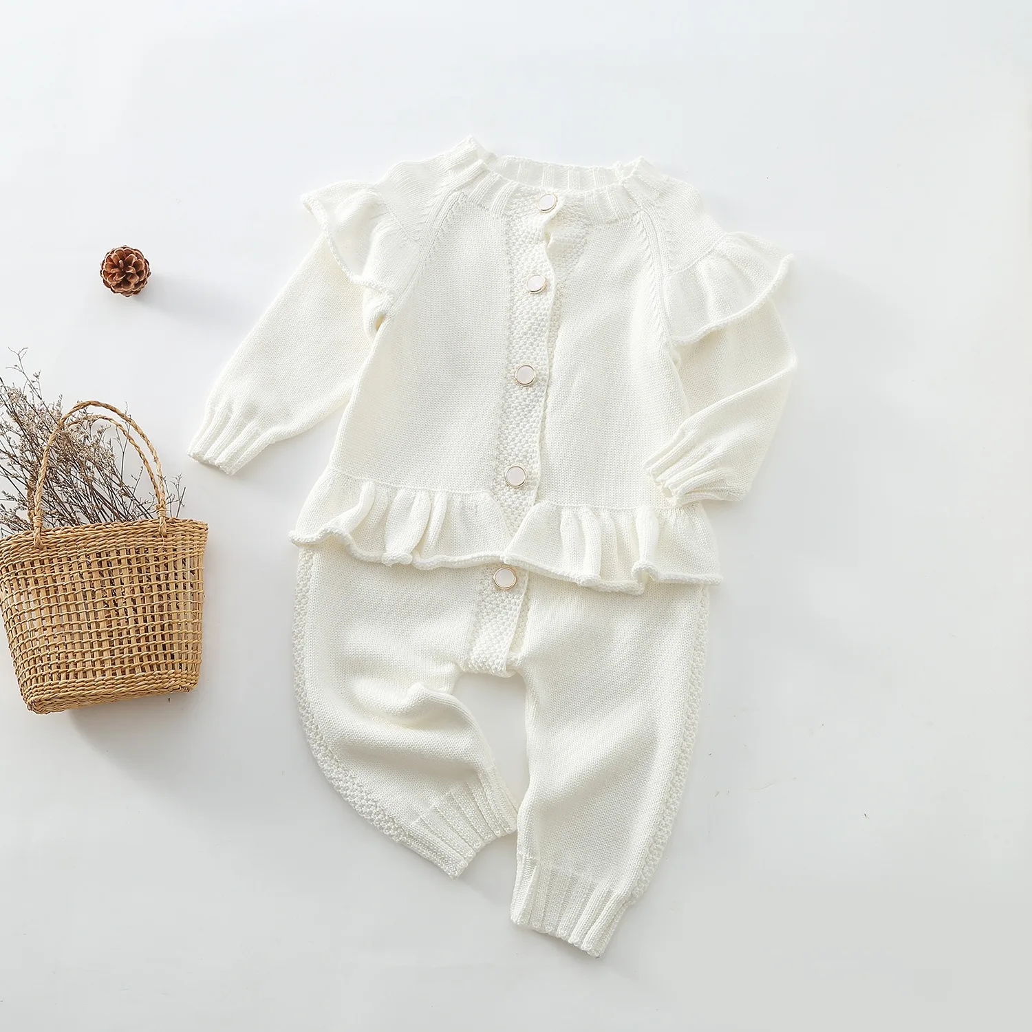 Xiximi 100%Cotton Autumn And Winter Baby Girls Long Sleeve Overall Ribbed Romper Cotton Wool Knitted Jumpsuit Fairy Romper