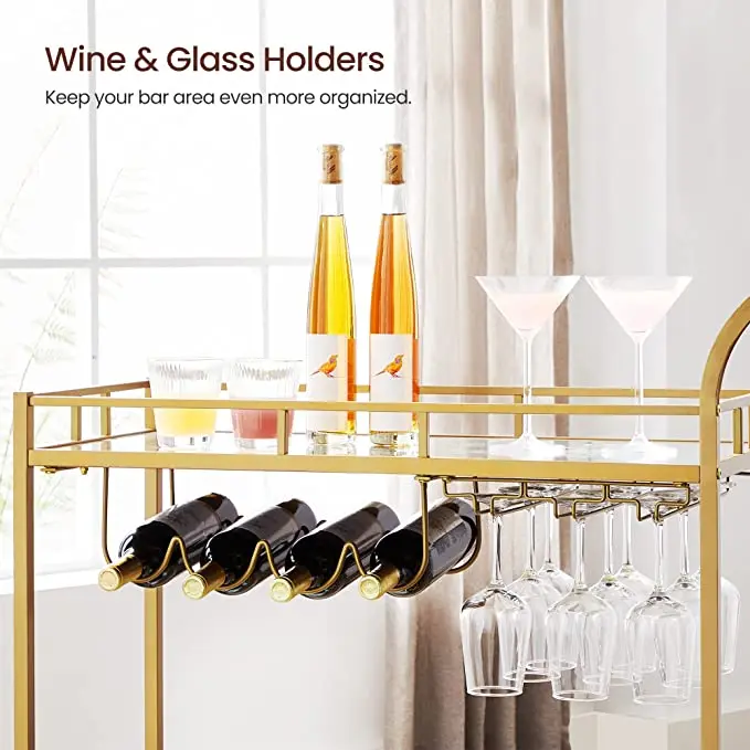 Hotel Furniture Drink Beverage Cart Gold Frame Rolling Bar Carts Acrylic Glass 2 Shelves Food Serving Trolley Cart