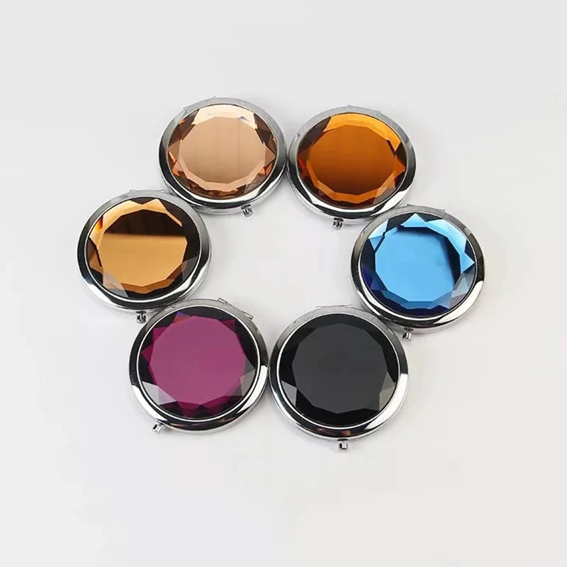 Popular OEM Logo Small Crystal Pocket Cosmetic Mirror 2X Foldable Compact Portable Travel Round Double Sides Makeup Mirror