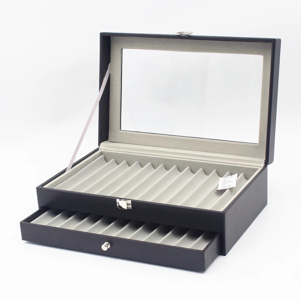 Promotional Luxury pu leather black pen storage case with 24 slots for mens gift fountain pen display packaging box wholesale