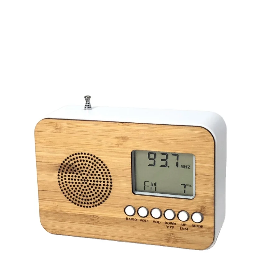 2024 New Multi-function desk calendar customized  temperature clock with portable FM radio bamboo digital clock