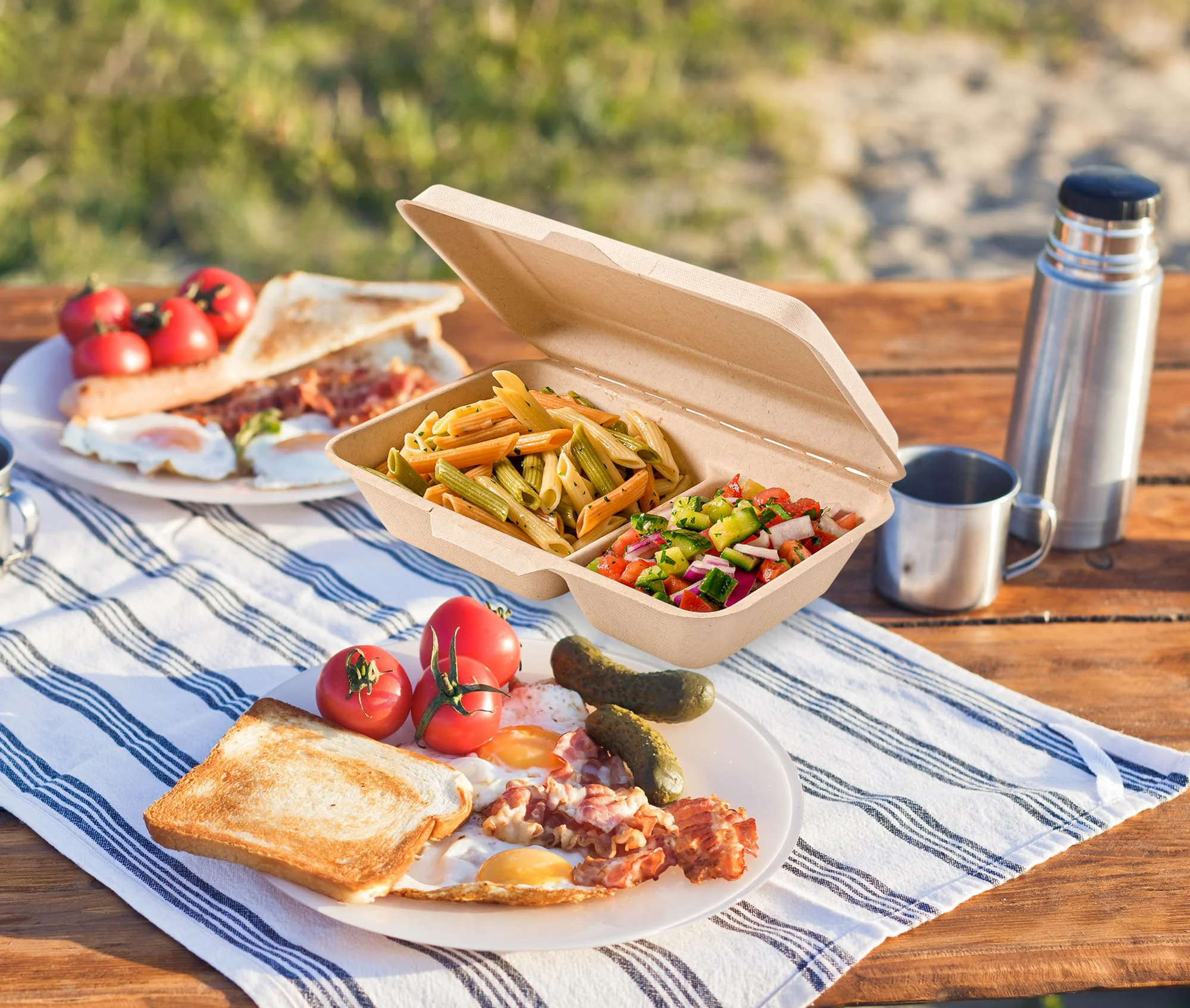 OBM Kuoshi Biodegradable Eco Sugarcane Packaging Bagasse Clamshell Burger Takeaway Boxes Custom 2 Compartment Paper Food Accept