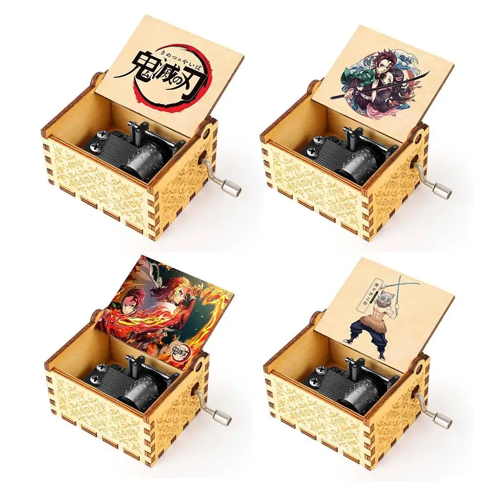 Wholesale Multiple Designs Melody Hand Crank Music Box Laser Engraved Anime Sailor Moon Demon Slayer Wooden Music Box For Gift