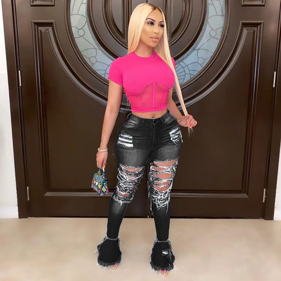 
Plus Size Women Jeans High Waist Washed Jeans For Women Streetwear Trend Flared Trousers Ripped Jeans Pants 