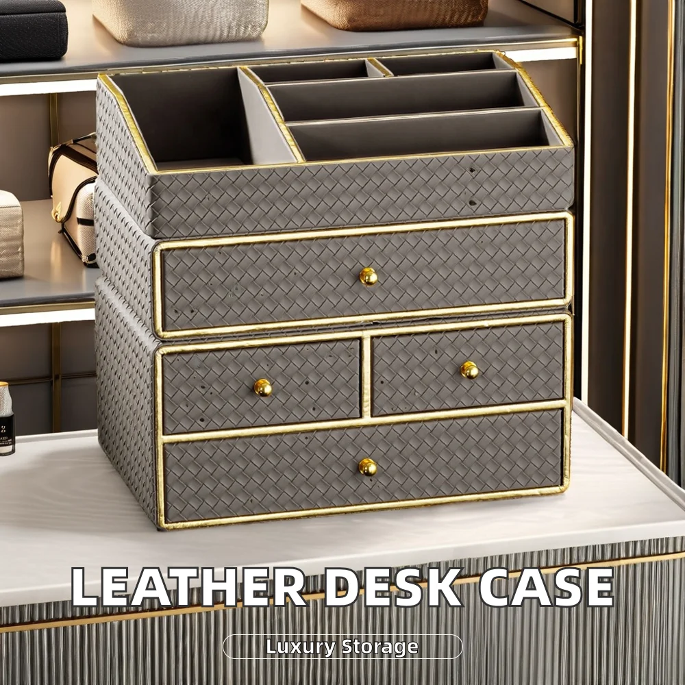 Multi-Functional PU Leather Desktop Organizer with Drawers Polygon-Shaped Office Storage Bins for Makeup Storage or Bag Use