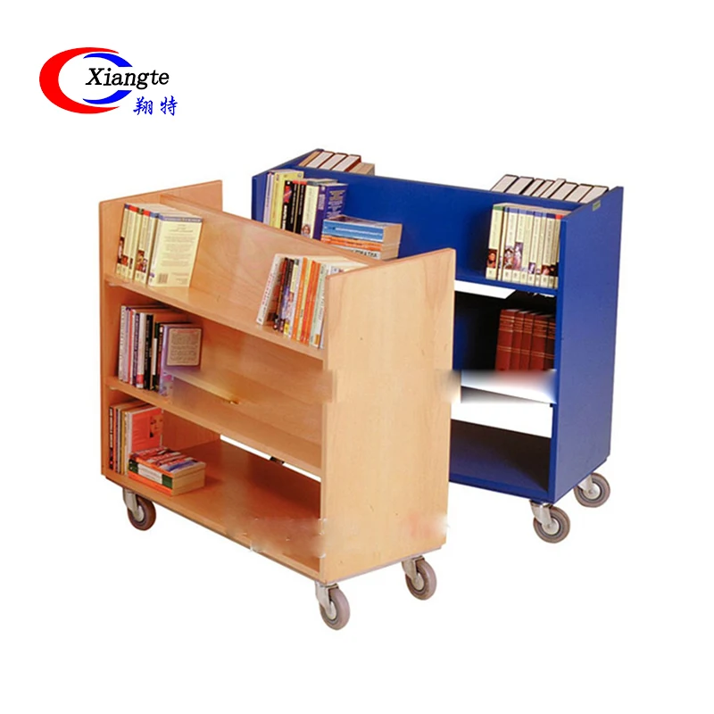 
3-Layer Library Shelf Storage Double Sided Mobile Truck Wood Book Cart On Wheels 