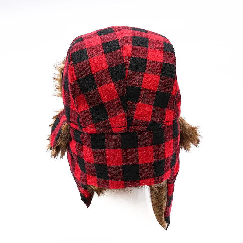 Plaid Faux Fur Bomber Hat for Women Men Custom Riding Fuzzy Thick Warm Black Red Checked Earflap Winter Cap Fur Trapper Hat