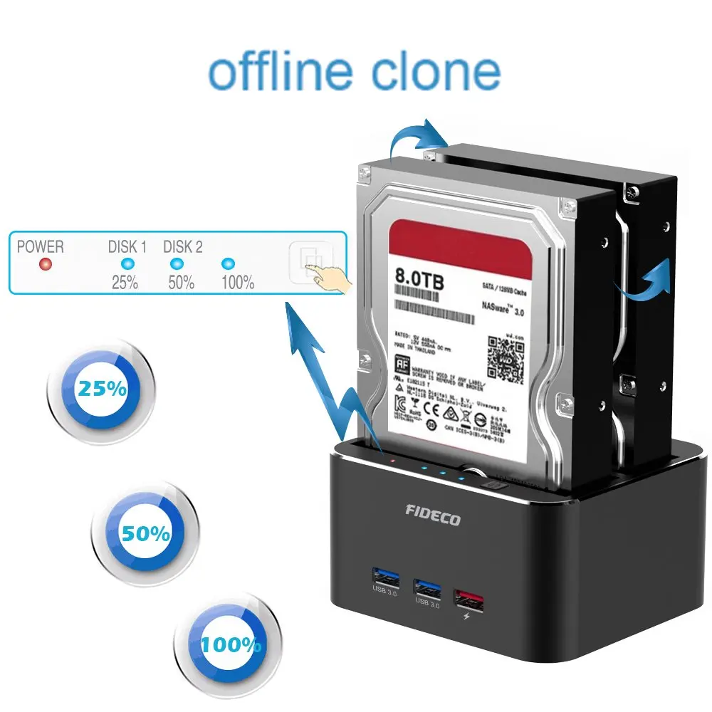 FIDECO Usb External Duplicator 12V 3A Dual Bay Sata Hard Drives Disk Dock Clone Usb 3.0 Hub Hdd Docking Station Clone