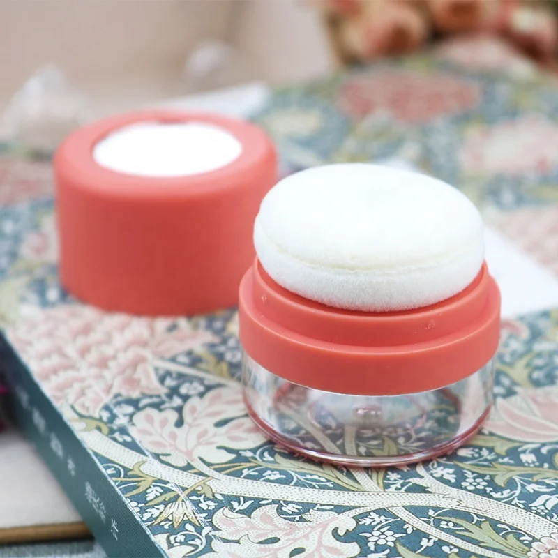 Fashion wholesale empty round cosmetic makeup blush loose dry powder case hair care setting powder container with mirror puff