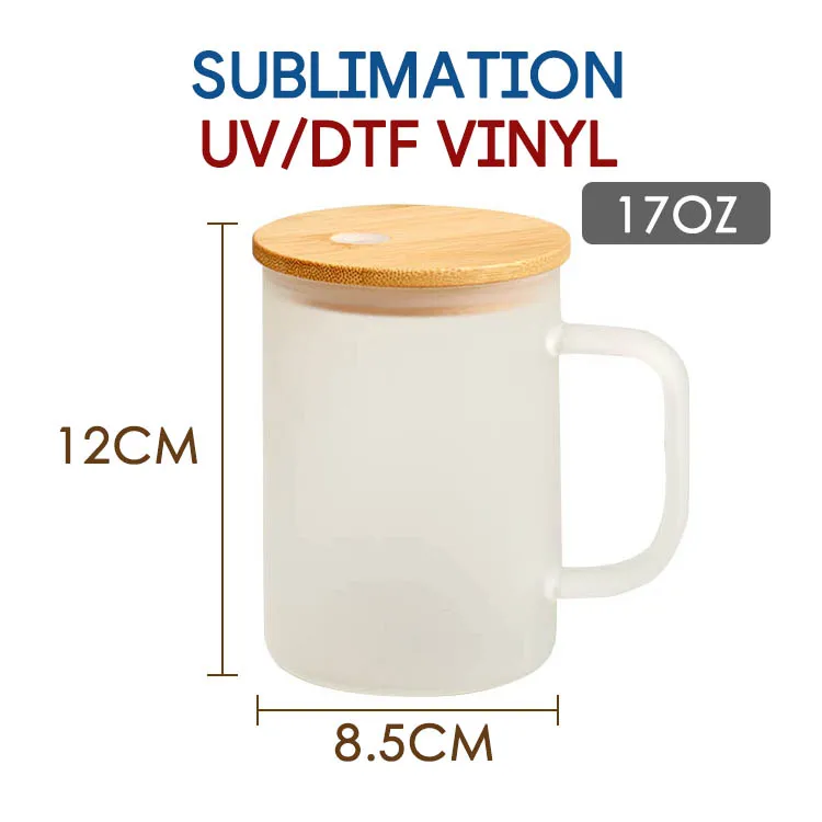 Clear 15 Oz Sublimation Blank Borosilicate Travel Beer Coffee Glass Mug with Handle Bamboo Lid and Straw for Holiday Gifts