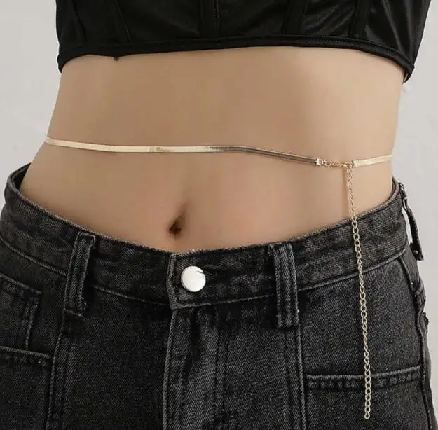 Fashion Trendy Gold Plated Belly Chain Stainless Steel Flat Snake Herringbone Snake Waist Chain For Body Jewelry