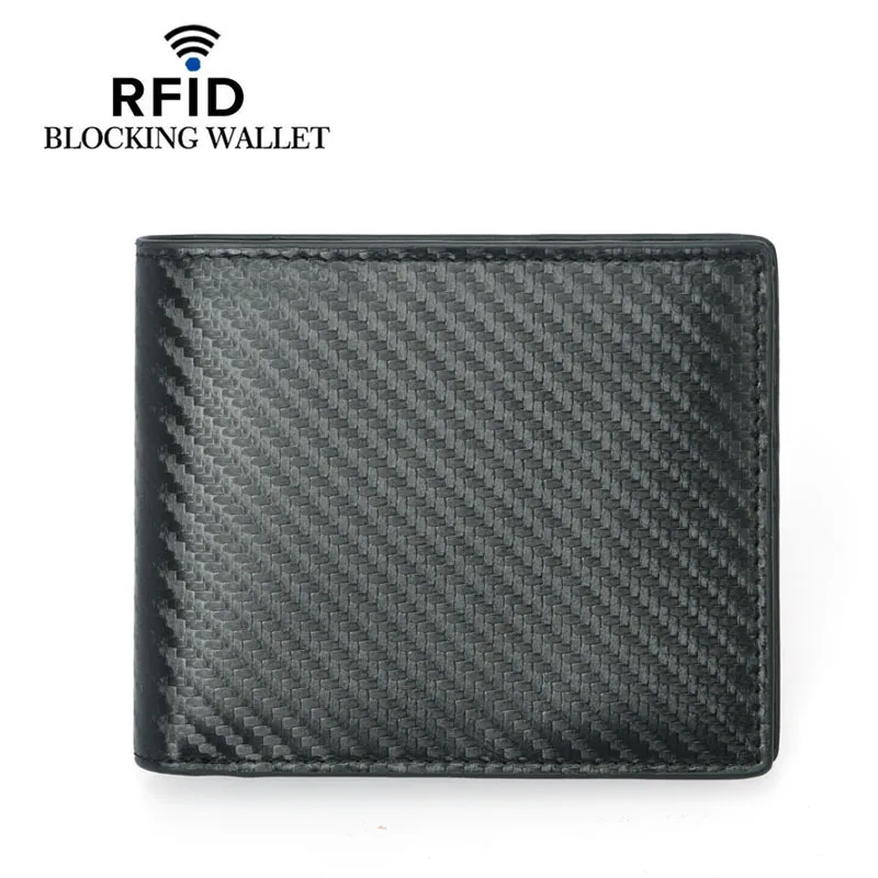 Wholesale high-capacity rfid blocking card wallet 12 card slots carbon fiber genuine leather short man leather wallet