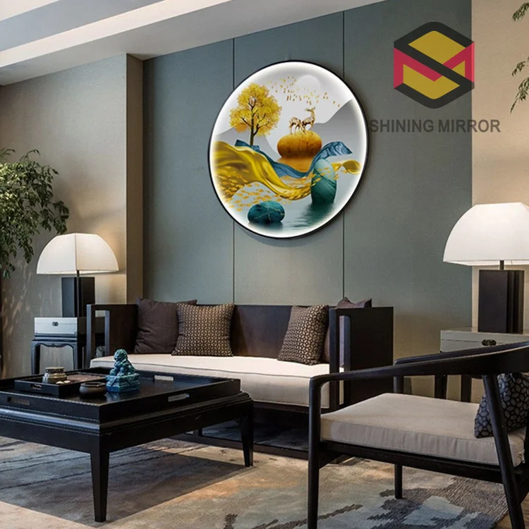 Customized Decorative 3d 5d   Art Pictures aluminum frame large round wall hanging with led light painting for sale