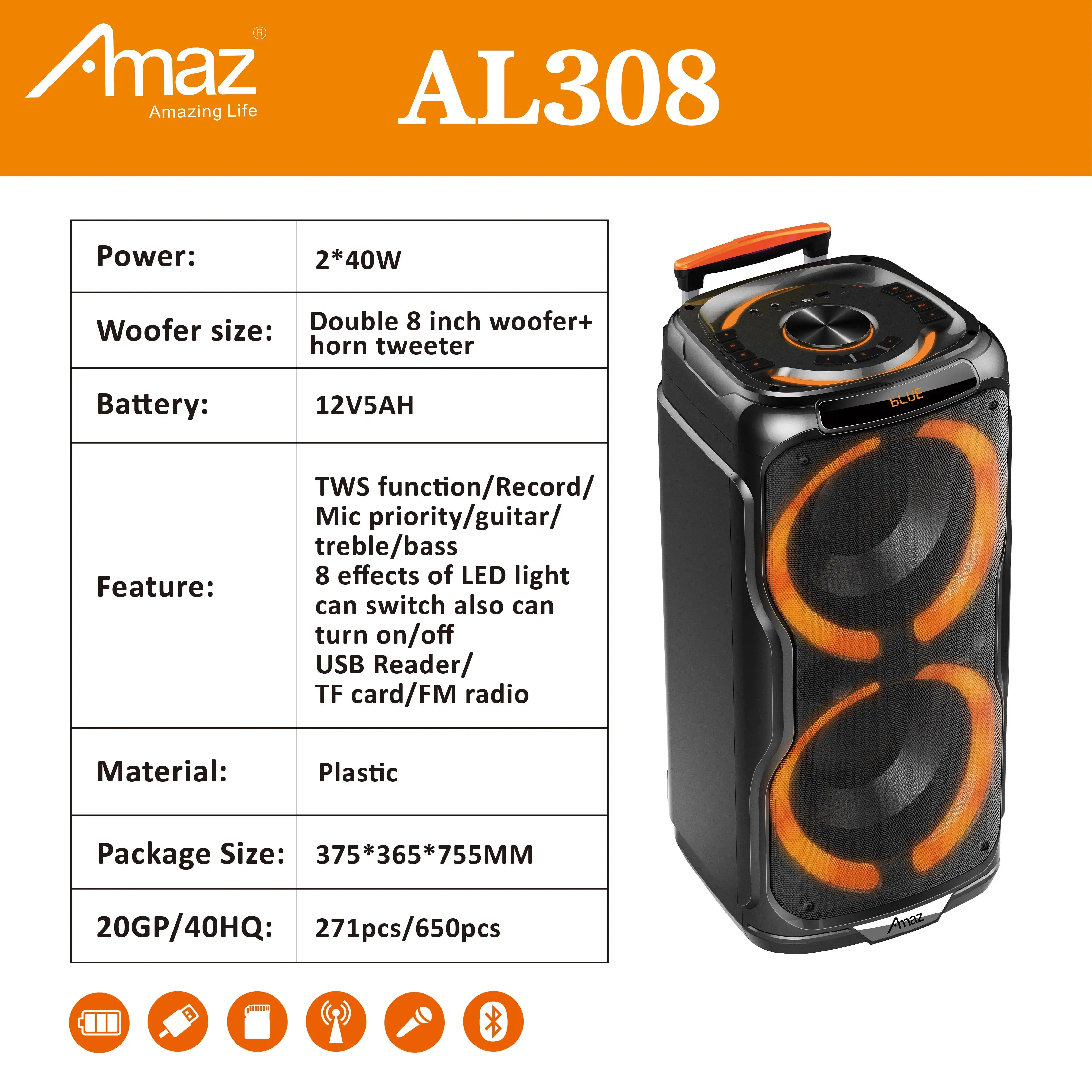 Digital ECHO for karaoke Dual 8'inch Trolley Speaker Party Speaker with 6 effects of LED light colorful coircle light