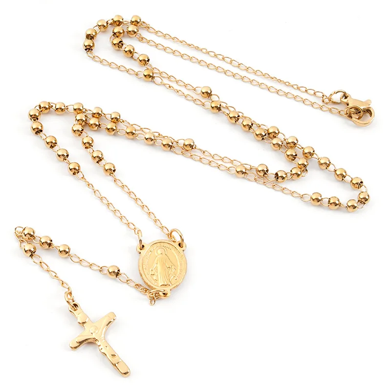 3mm Long Chain custom Cross sales products Gold christian catholic religious stainless steel rosary bead necklace