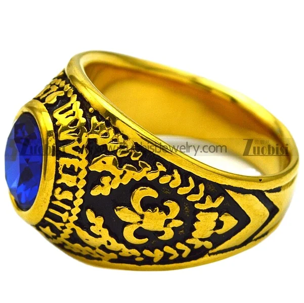 Royal Academic Jewelry Gold Plating Engraved Texas University Blue Sapphire Stone Ring