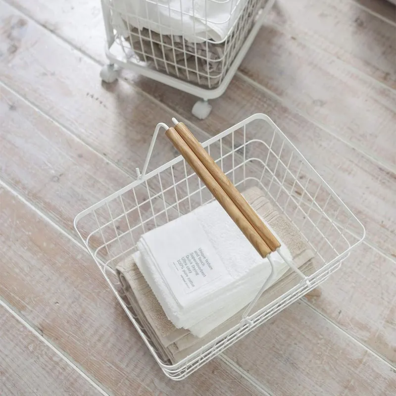 new home 2 tier Wooden handle Dirty clothes basket With wheels Metal wire Frame Laundry Storage cart bathroom organization rack