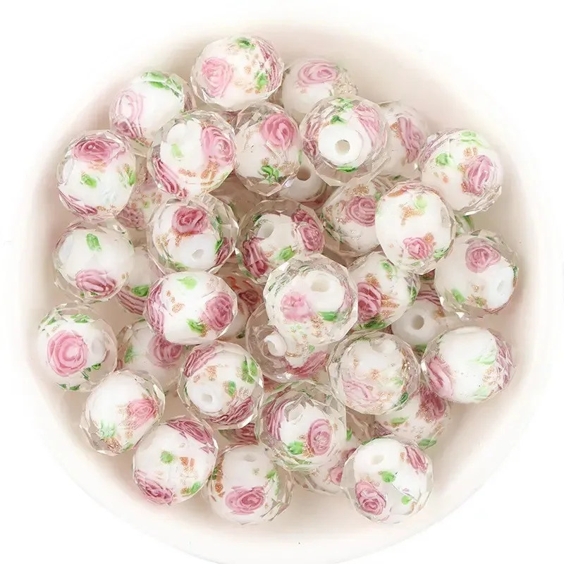Hot Sell 10 Pcs/1 Pack Flower Glass Beads Elegant 8mm 10mm 12mm Round Beads For DIY Necklace Bracelet Jewelry Accessories