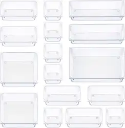 Hot Sales 16 Pieces Set Clear Storage Bins Plastic Stackable Trays Acrylic Desk Drawer Dividers Organizer For Pantry Organizer