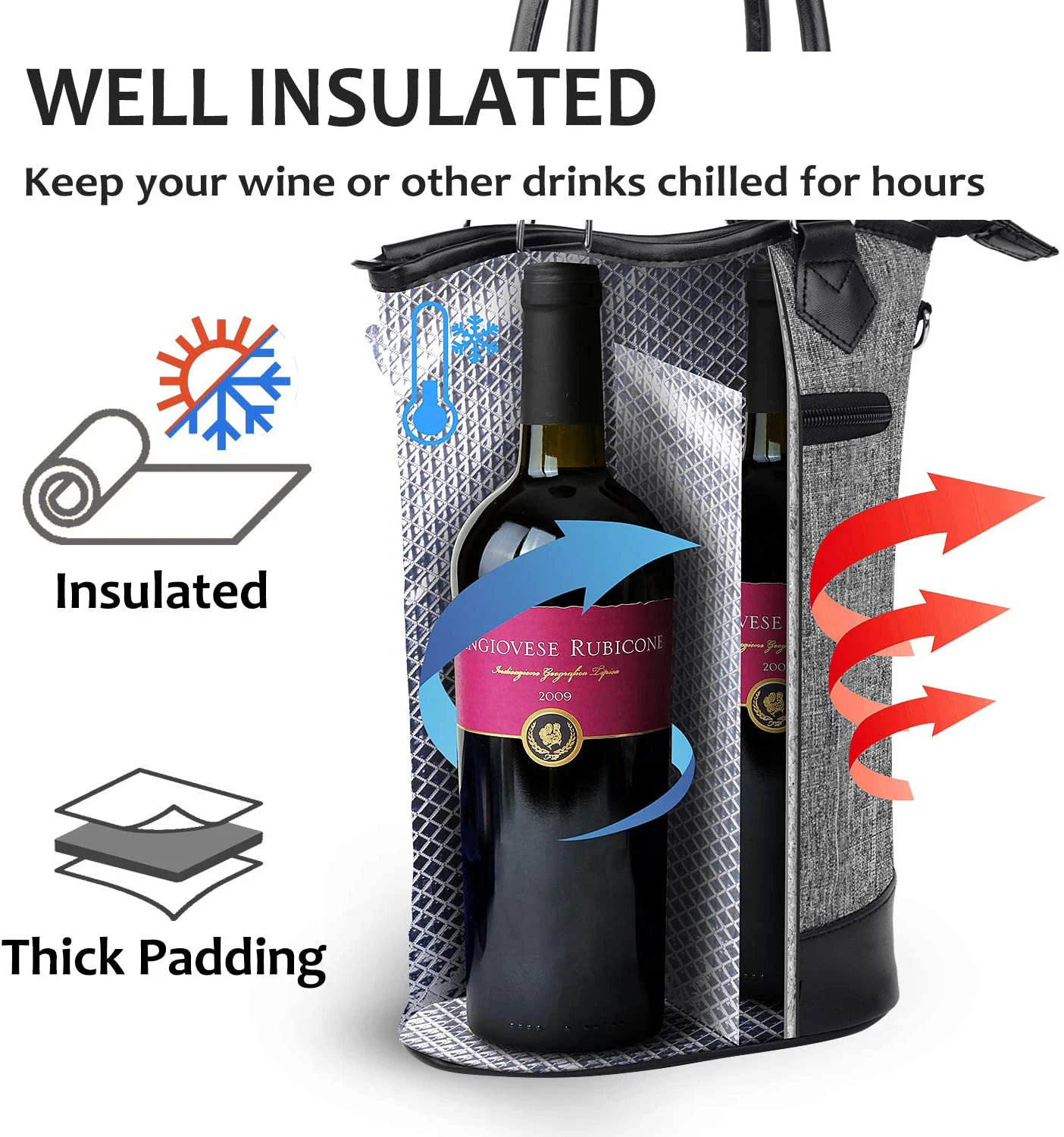 Insulated Wine Carrier Tote - Travel Padded 2 Bottle Wine/Champagne Cooler Bag with Handle and Adjustable Shoulder Strap