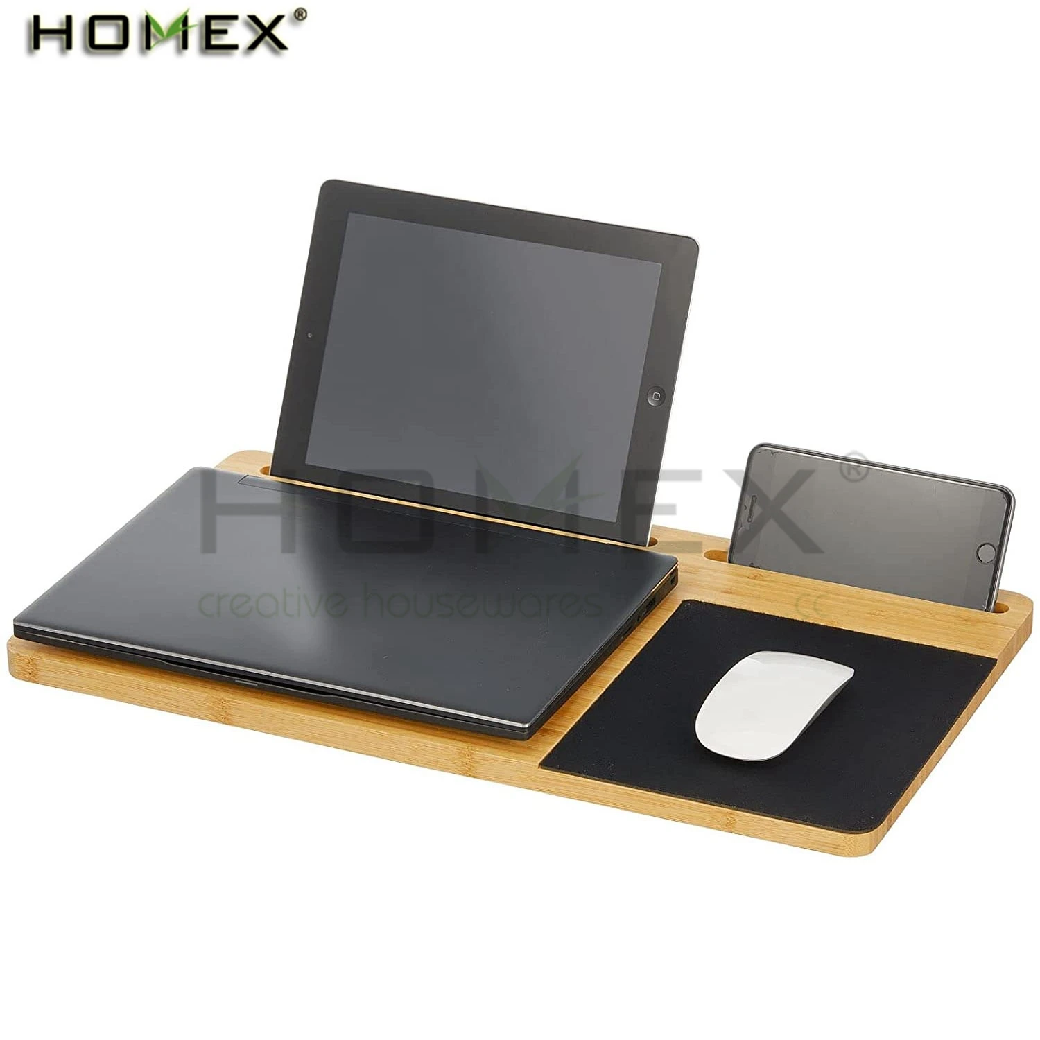 Homex BSCI Factory | Портативный Бамбуковый стол для ноутбука поднос с ковриком мыши ноутбук Встроенный держатель телефона и планшета