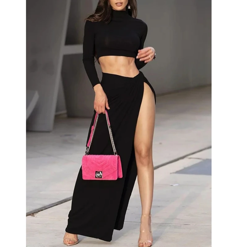 Женский комплект из двух предметов: укороченный топ с ложным воротником и юбка макси с высоким разрезом