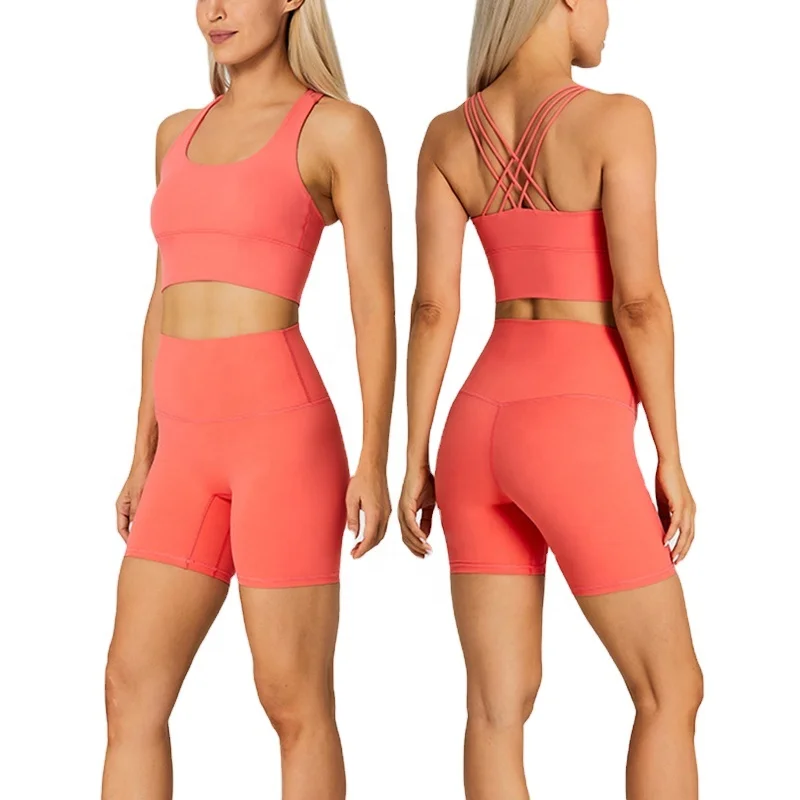 LQ0139 Women Buttery Soft Cross Back Yoga Sets Sports Bra No-awkward Lines Shorts Fitness 2 Piece Set