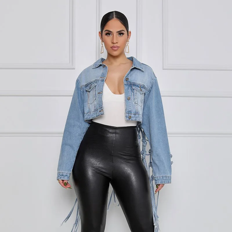 Fashion Grid Fringed Blue Denim Short Coat Plus Size Jean Jacket For Women