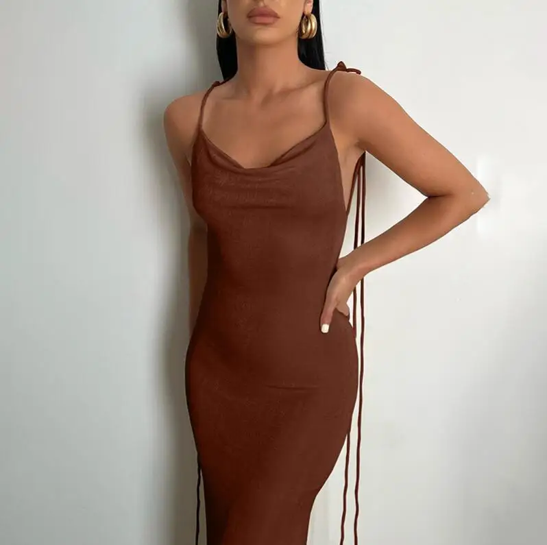 Fashion Design Women Elegant Solid Color Sleeveless Backless Sexy Dress Spaghetti Strap Party Clubwear Women Long Dress
