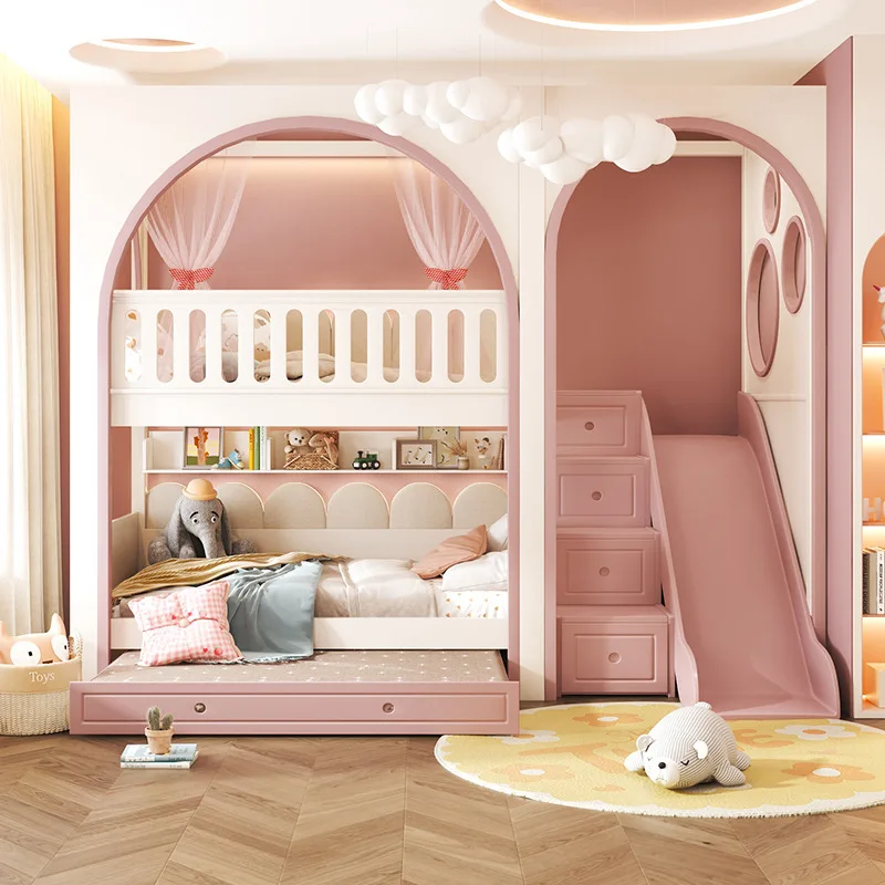 Solid Wood Two-Layer Kids Bed with High Guardrails for Small Apartments Features Sliding Ladder & Tree House Design