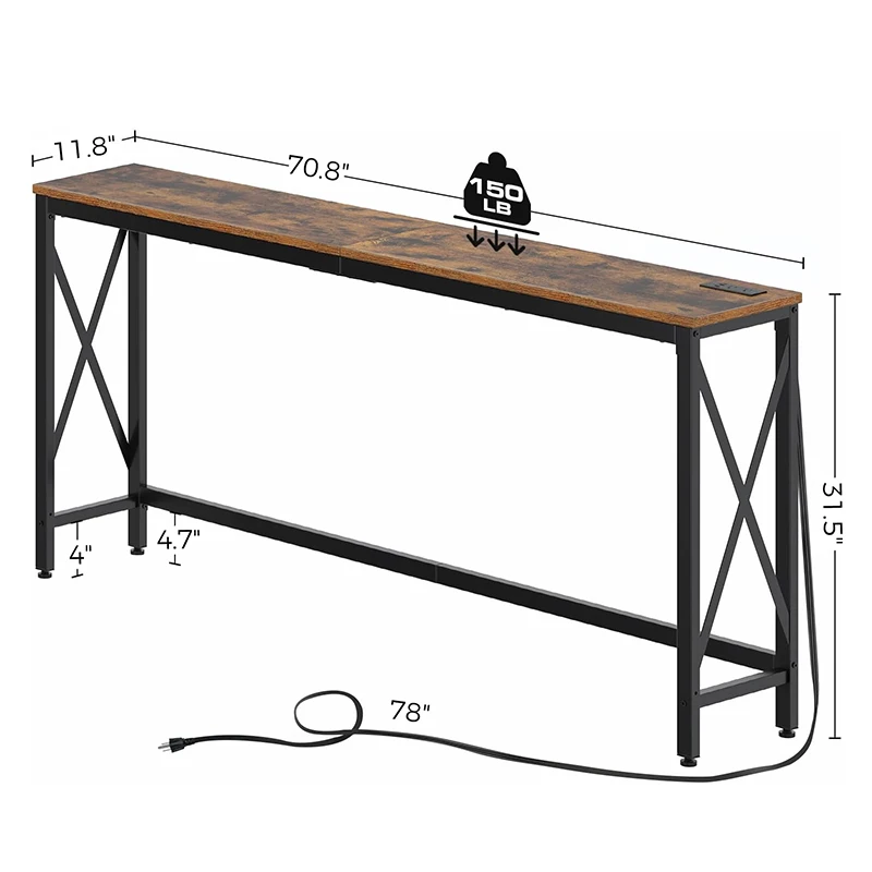 Custom Rectangular Living Room Console Table with Power Outlet Metal Frame Narrow Sofa Table Farmhouse Table Behind Couch