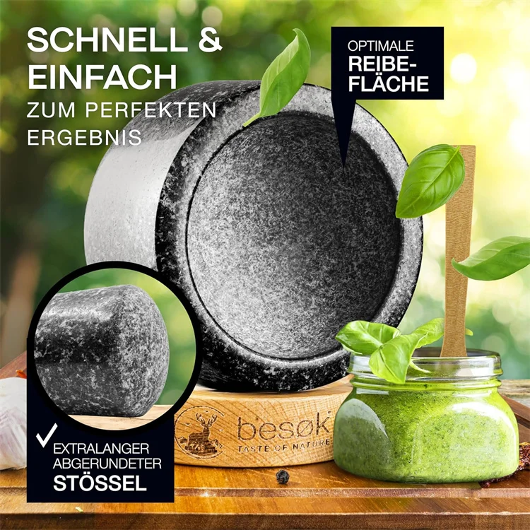 Natural Granite Mortar and Pestle set with oak wood base