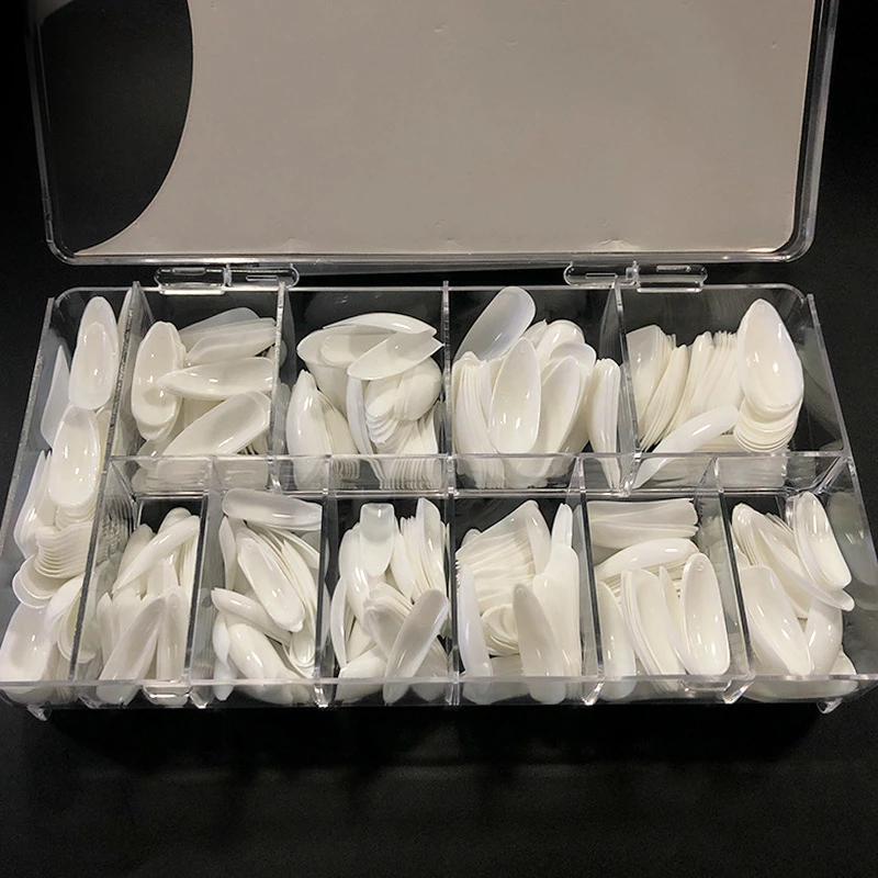 DongGuan 10 size Natural Transparent white 600 pieces almond nail tip with box Full Cover Fingernail ABS Artificial nails