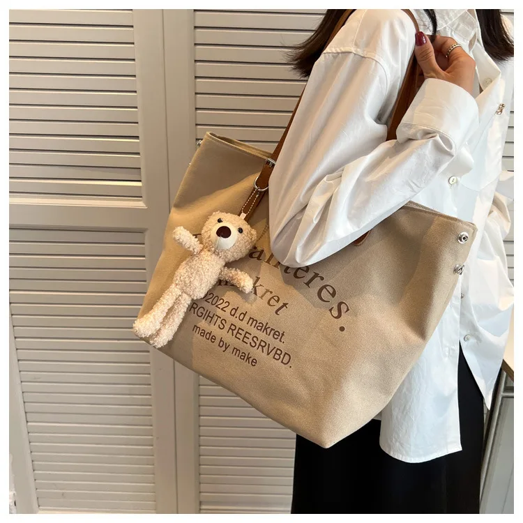Wholesale Large Canvas Bags DIY Bear Ornament Women 2023 New Fashion Shopping Handbags Ladies Shoulder Leather Handle Tote Bags