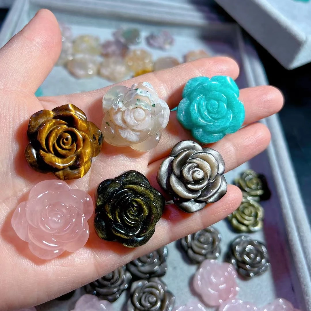 3CM Natural crystal healing pink blue tiger eyes crystal flower carving reiki amethyst Flower for gifts