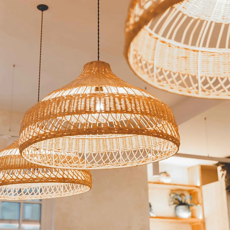 Indoor Retro Decorative Modern Decorative Round Led Hanging Wicker Light Wooden Woven Rattan Pendant Lamp For Restaurant