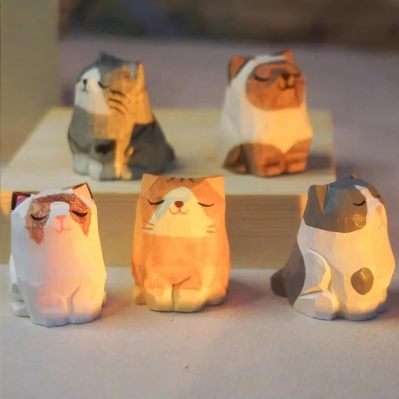 Customizable handcrafted carving cute wooden kitten figurine sculpture statue woodcarving animal art crafts