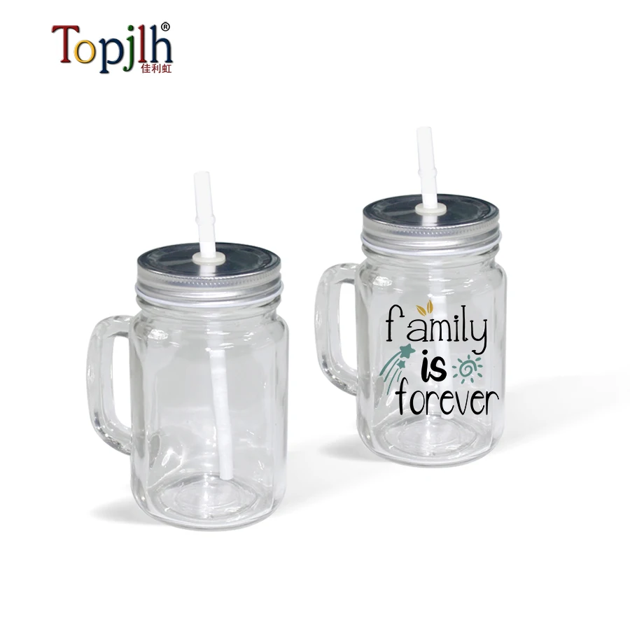 Factory wholesale 430ml smooth surface clear Glass Mason Jars transparent coated crystal mason glasses with hand grip straw lids