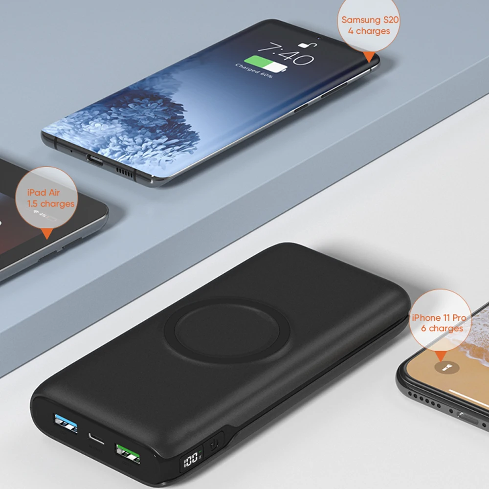 Оптовая продажа литий-полимерный аккумулятор типа C двойной USB беспроводной внешний 20000 мАч светодиодный дисплей портативное зарядное устройство для мобильного телефона зарядные
