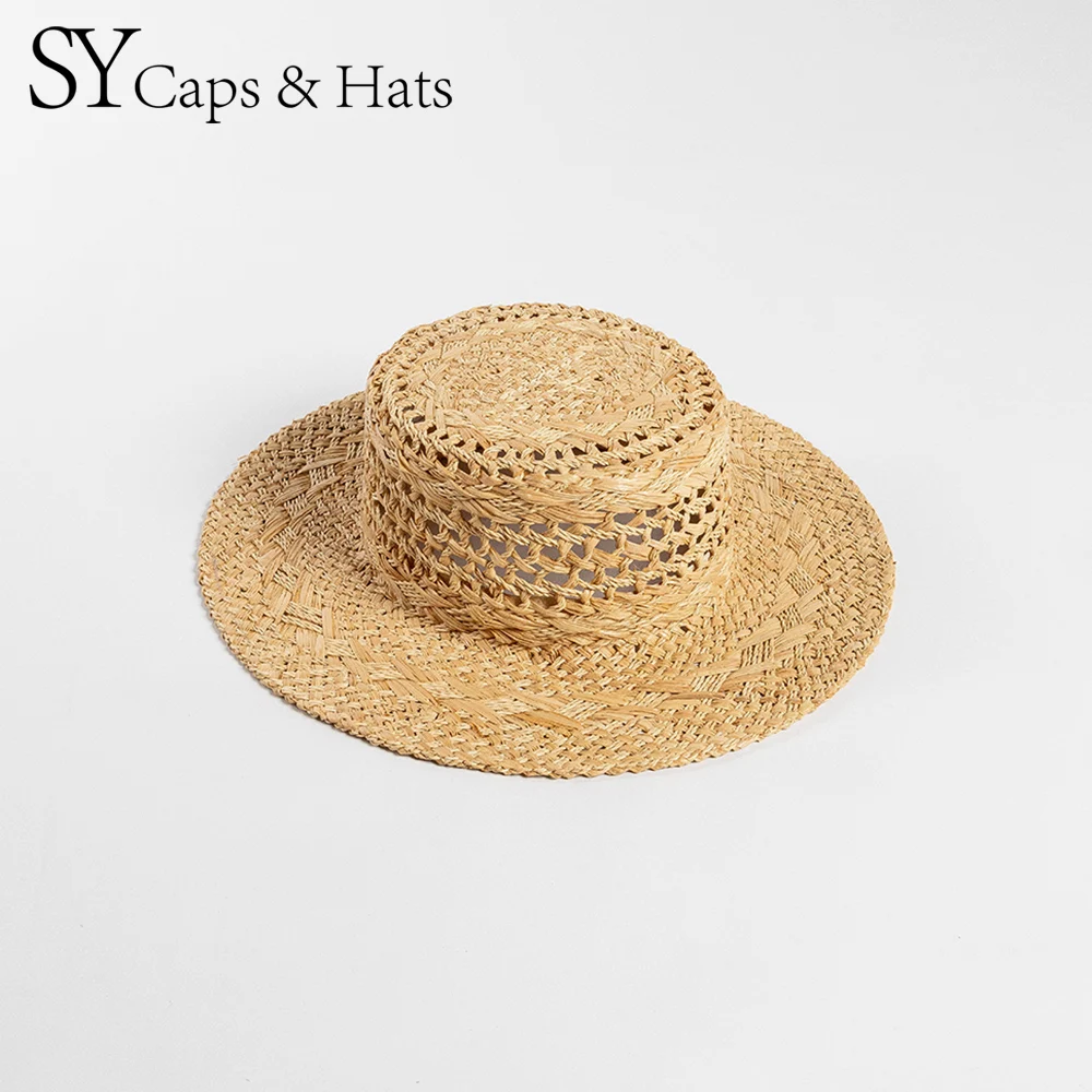 Hand Weaved 100% Raffia Straw Boater Hat Hollow Design Straw Hat Summer Sun Protection Hat