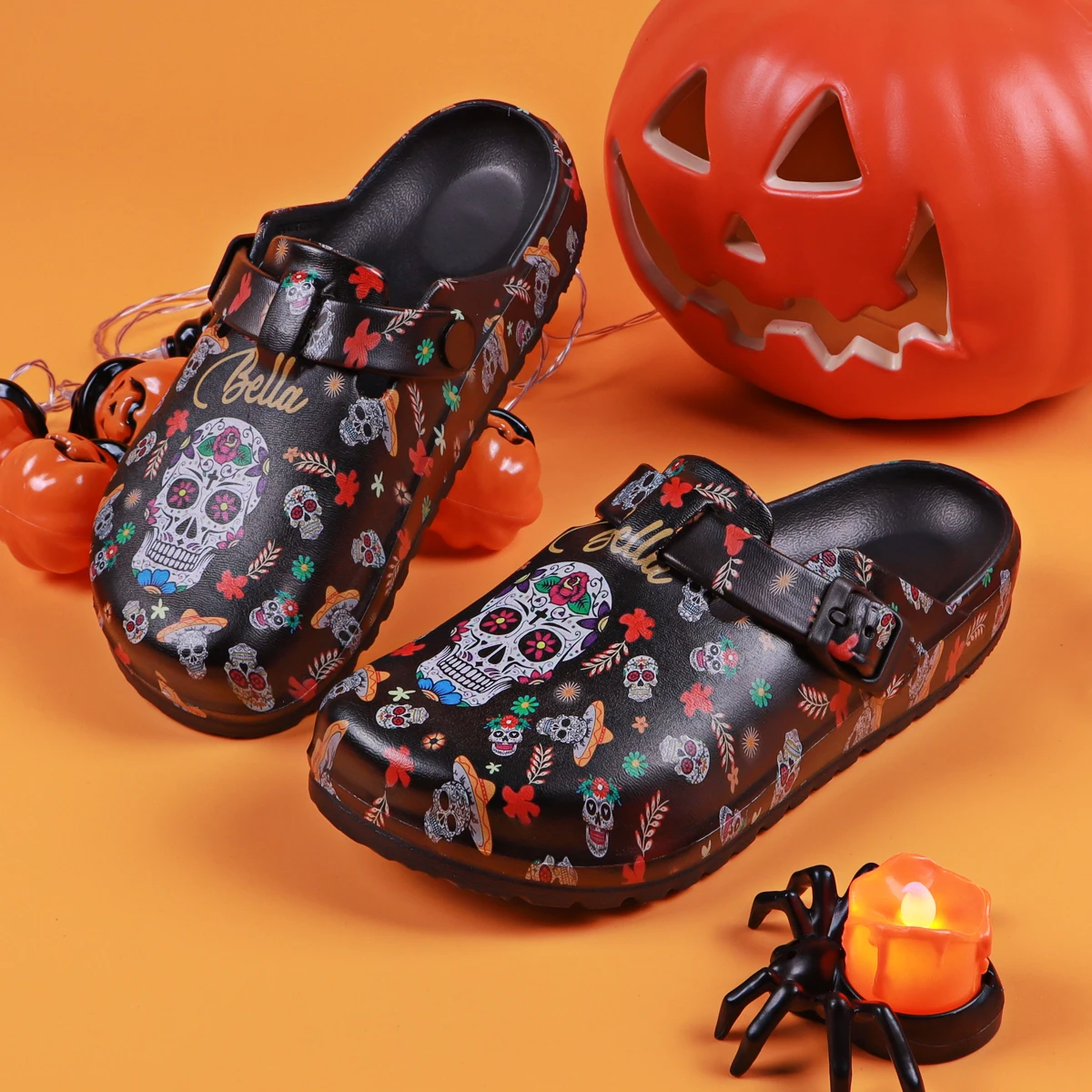 Женские сабо со скелетом и розой для Хэллоуина-модные сандалии на плоской подошве с пряжкой ремешком заказ