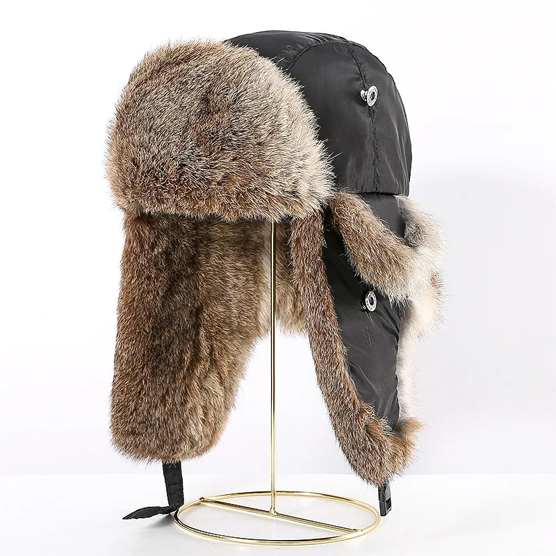 Real Rabbit Fur Winter Padded Earflaps Winter Trooper Hat Waterproof Hunter Hat Cycling Outdoor Ski Warm Winter Aviator Hats